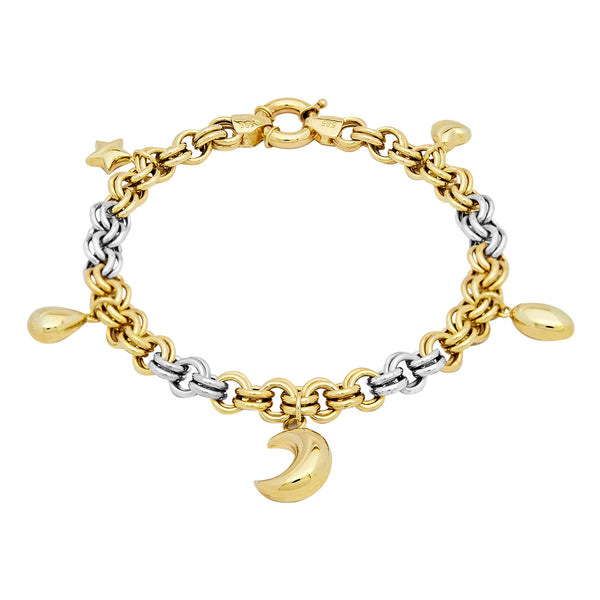 Two-Tone Oval Rolo Charm Heart Drop Crescent Star Bracelet