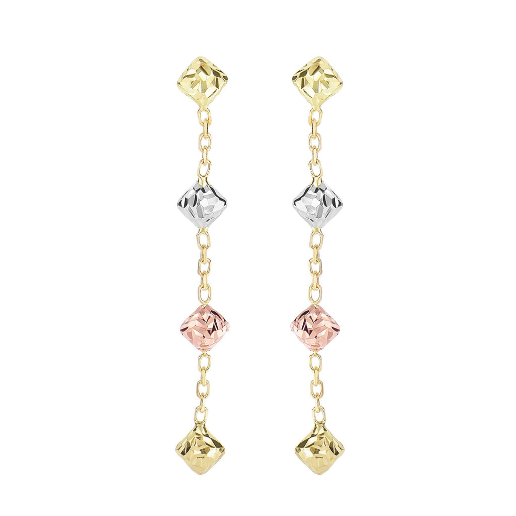 Tricolor Textured Diamond Shape Drop Dangle Earrings Real 14K Yellow Gold - besenn