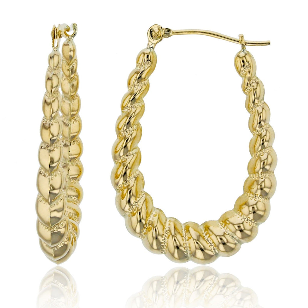 1" Oval Diamond Cut Milgrain Twisted Hoop Earrings Real 14K Yellow Gold - besenn