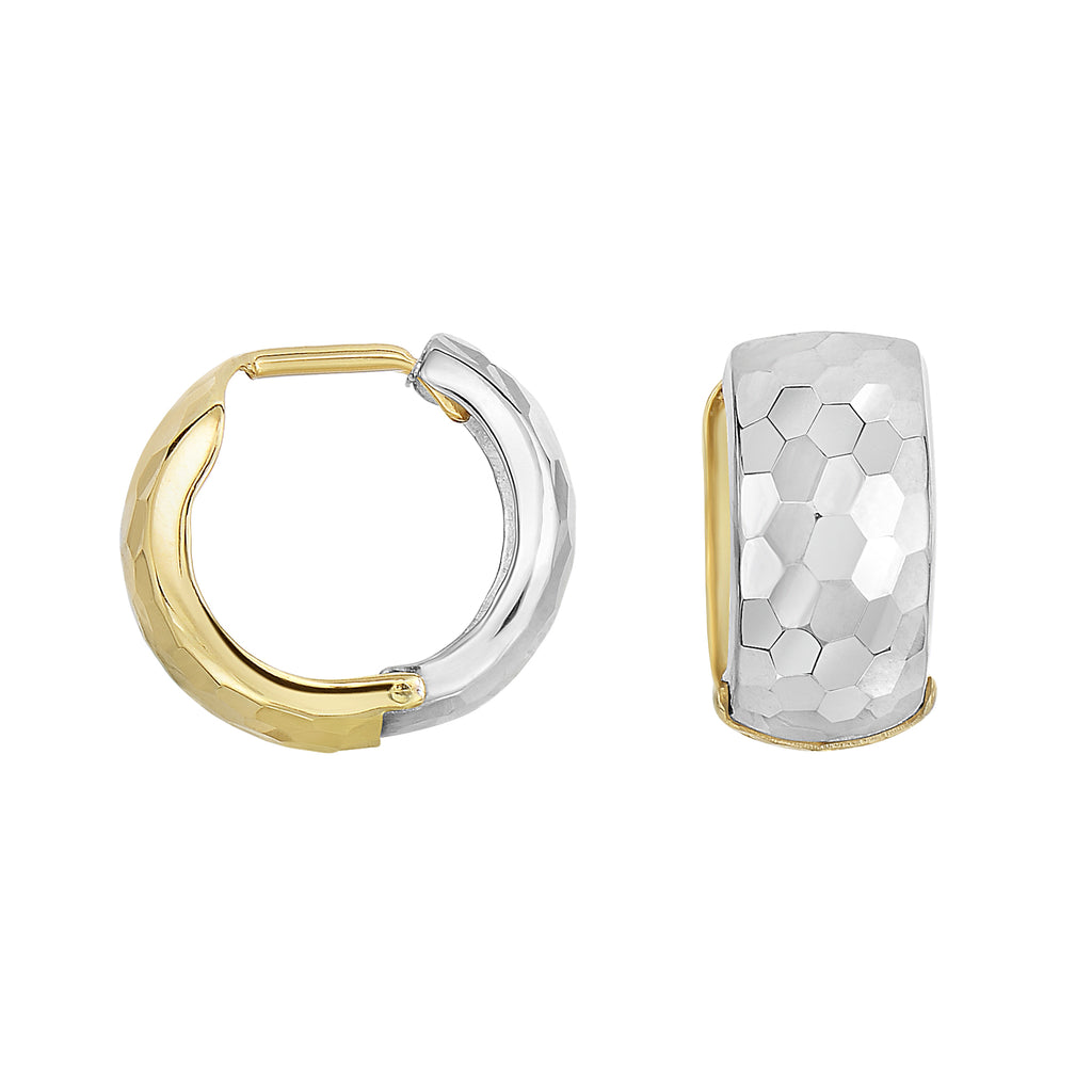 Diamond Cut Two-Tone Hammered Huggie Hoop Earrings Real 14K Yellow Gold - besenn