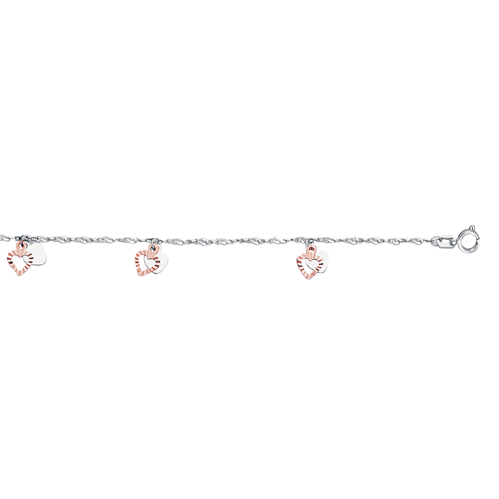 Diamond Cut Double Heart Anklet Real 14K White Rose Gold - besenn