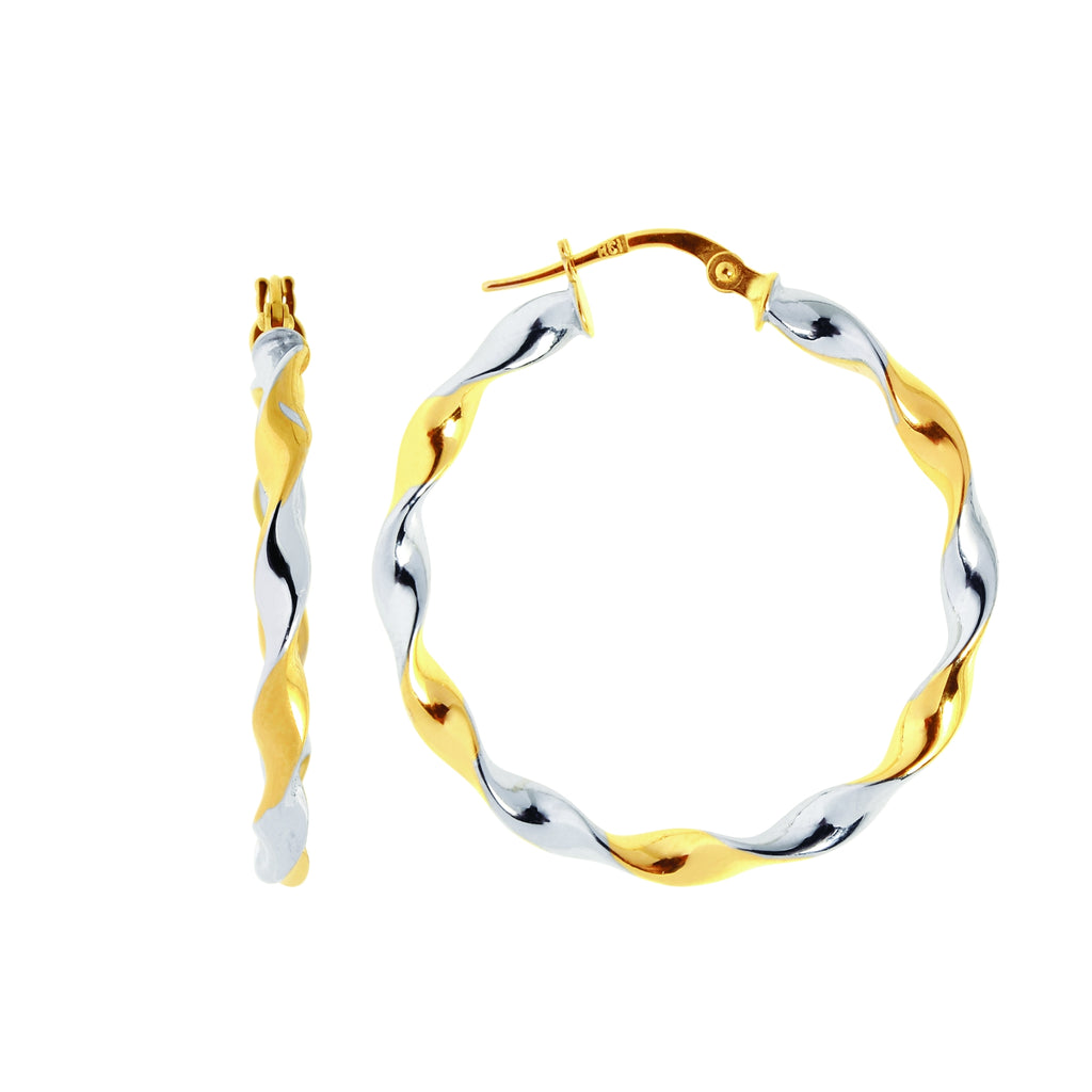 Twisted Two-Tone Hoop Earrings Real 14K Yellow Gold - besenn