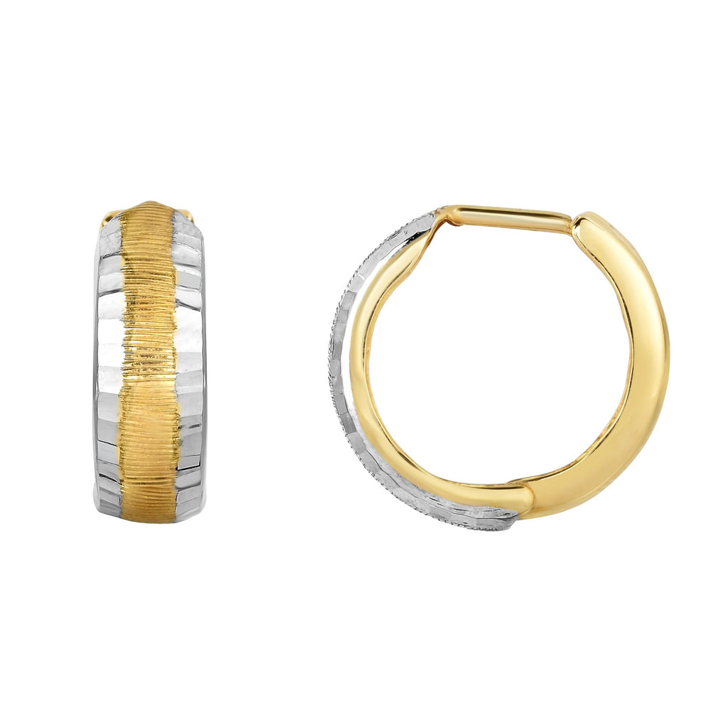 Two-Tone Diamond Cut Huggie Hoop Earrings Real 10K Yellow Gold - besenn