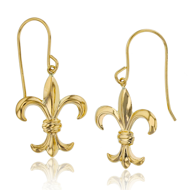 Italian High Polished Fleur De Lis Dangle Earrings Real 14K Yellow Gold - besenn