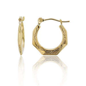 5/8" Italian Textured Octagon Hoop Earrings Real 14K Yellow Gold