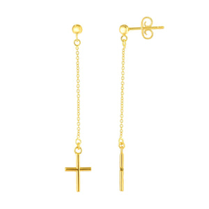 2" Shiny Cross Drop Dangle Earrings Real 14K Yellow Gold - besenn