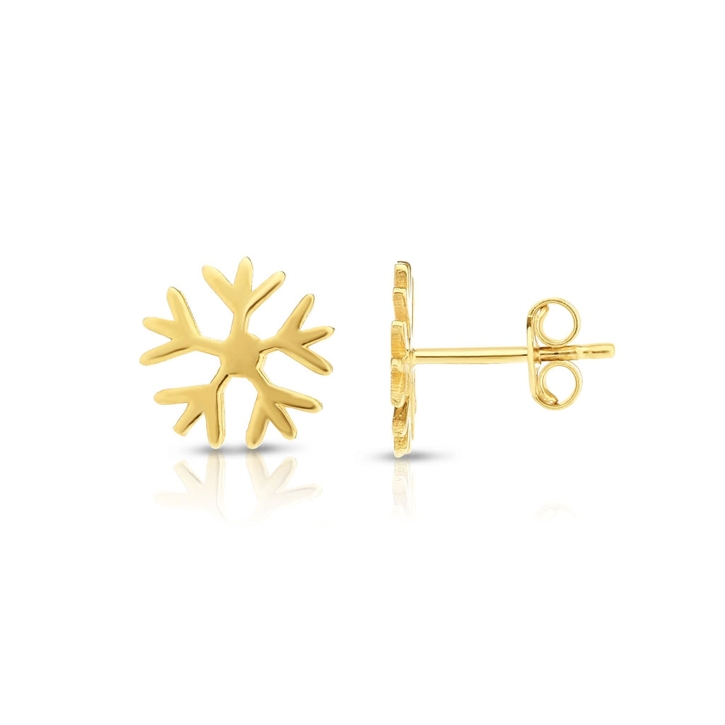 Shiny Snowflake Stud Earrings Real 14K Yellow Gold