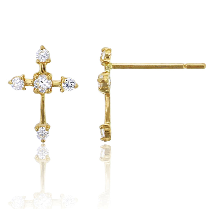 Italian Small Cross CZ Stud Earrings Real 14K Yellow Gold - besenn