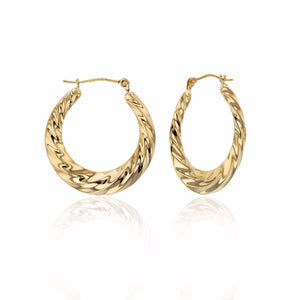 1" Graduated Twisted Textured Polished Oval Hoop Earrings Real 14K Yellow Gold - besenn