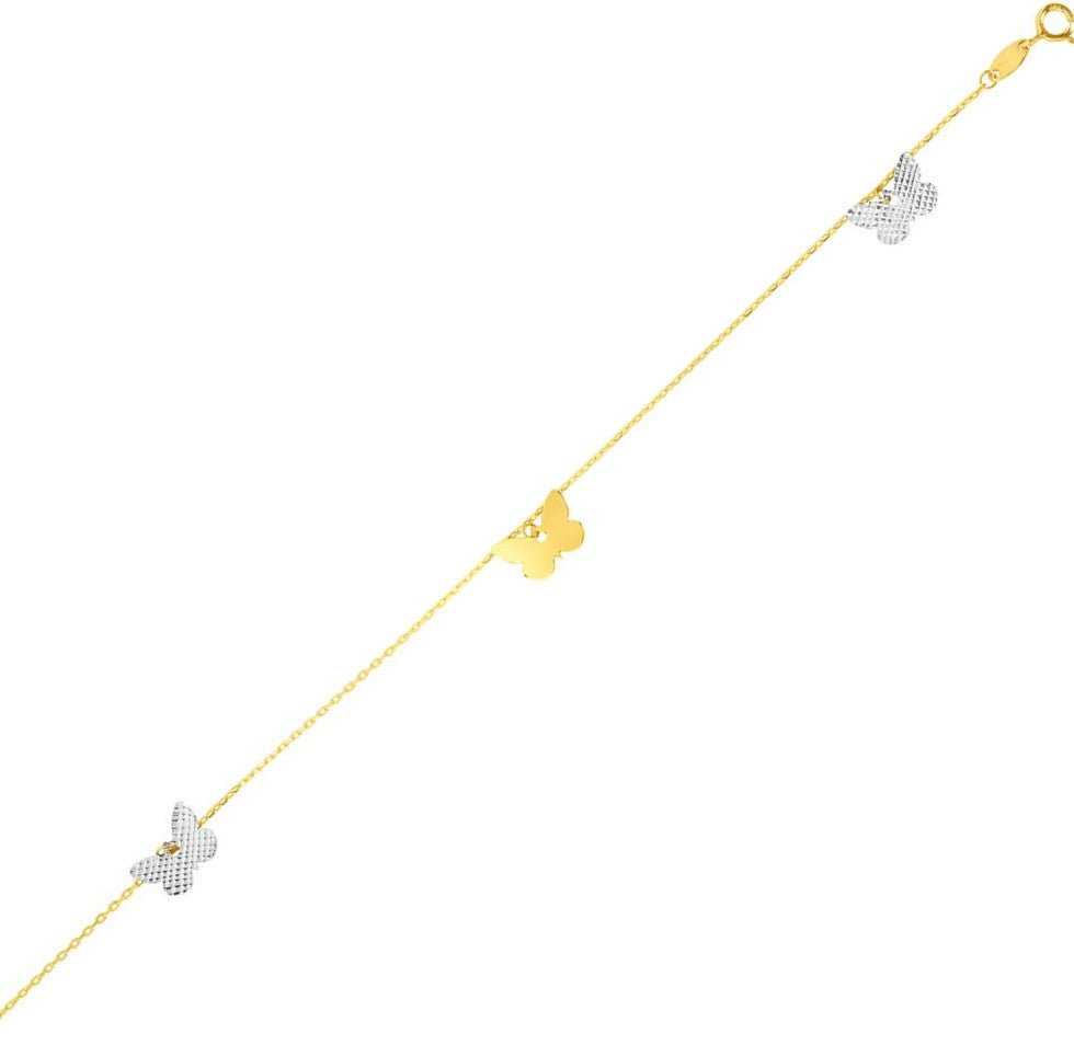 10" Butterfly Two-Tone Cable Chain Anklet Real 14K Yellow Gold - besenn
