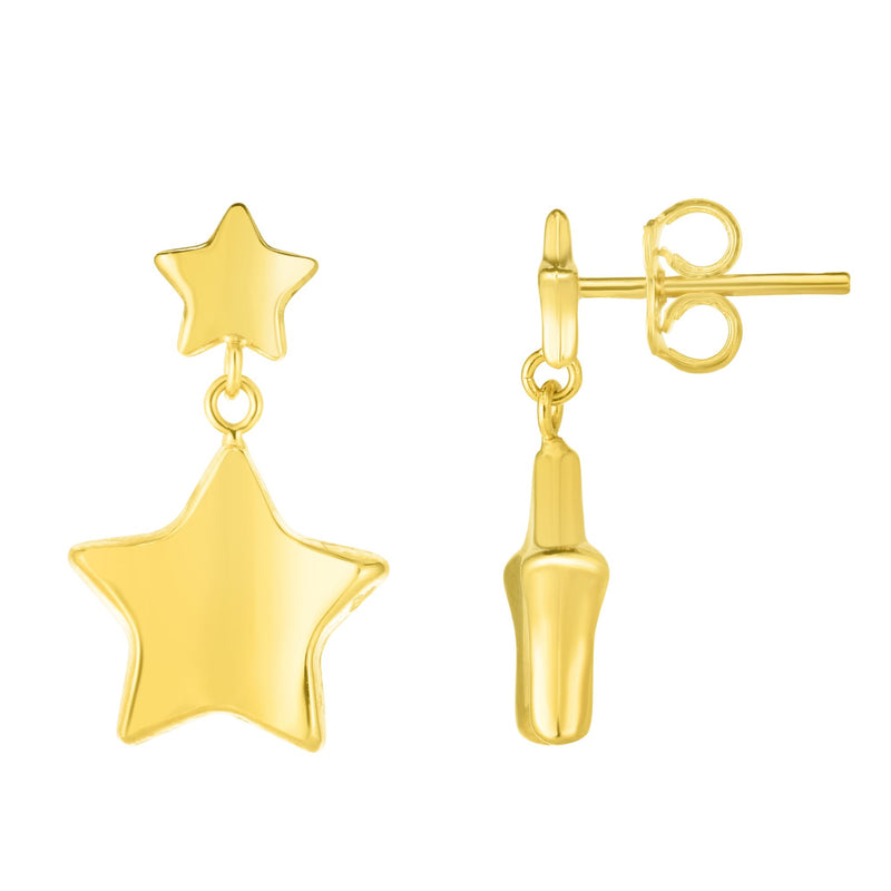 Shiny Star Drop Earrings Real 14K Yellow Gold - besenn
