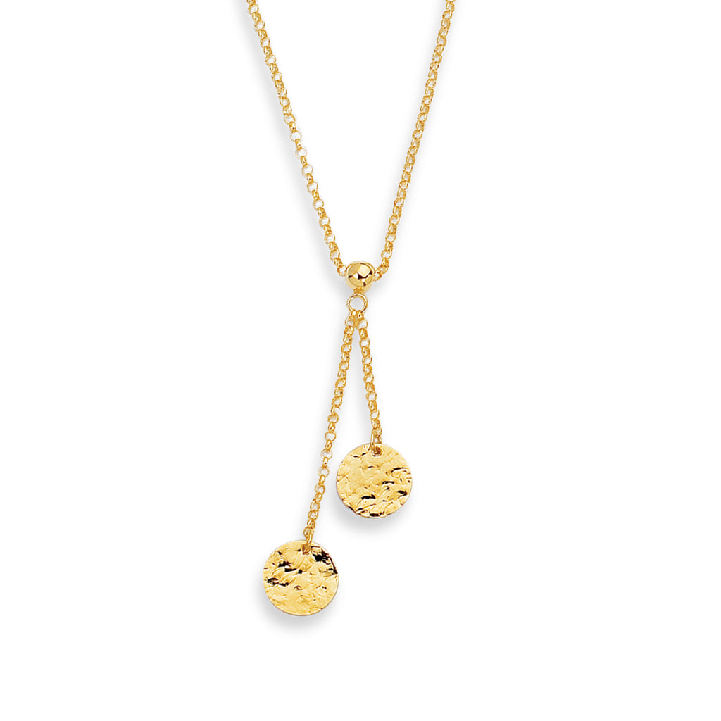 Double Hammered Round Disc Lariat Necklace Real 14K Yellow Gold