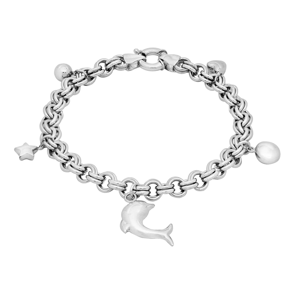 Oval Rolo Charm Star Ball Dolphin Heart Bracelet Real 14K White Gold