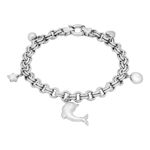 Oval Rolo Charm Star Ball Dolphin Heart Bracelet Real 14K White Gold