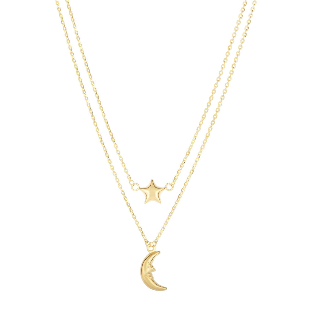 Double Graduated Puffed Moon & Star Necklace Real 14K Yellow Gold - besenn