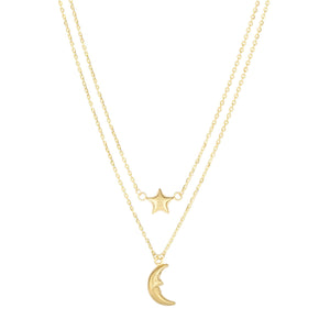 Double Graduated Puffed Moon & Star Necklace Real 14K Yellow Gold - besenn