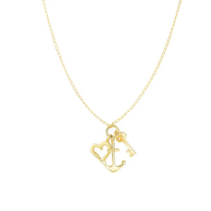 Shiny Small Key Anchor Heart Charm Necklace Real 14K Yellow Gold - besenn