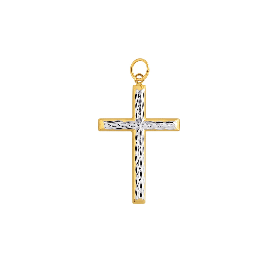 1 3/8" Diamond Cut Two-Tone Cross Pendant Real 14K Yellow Gold - besenn