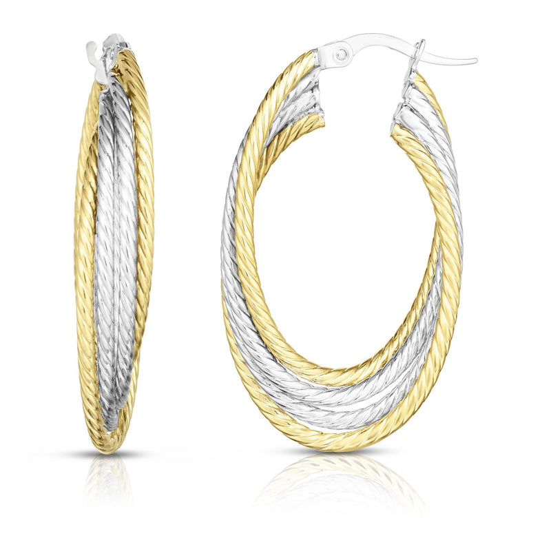 Twisted Double Row Two-Tone Hoop Earrings Real 14K Yellow White Gold - besenn
