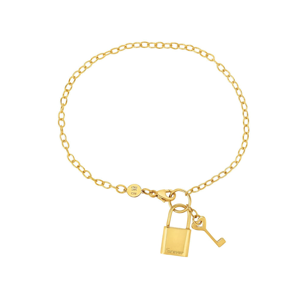 Italian Shiny Lock Key Rolo "Forever" Bracelet Real 14K Yellow Gold