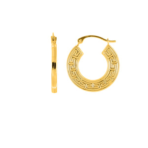 Textured Shiny Flat Greek Key Hoop Earrings Real 14K Yellow Gold