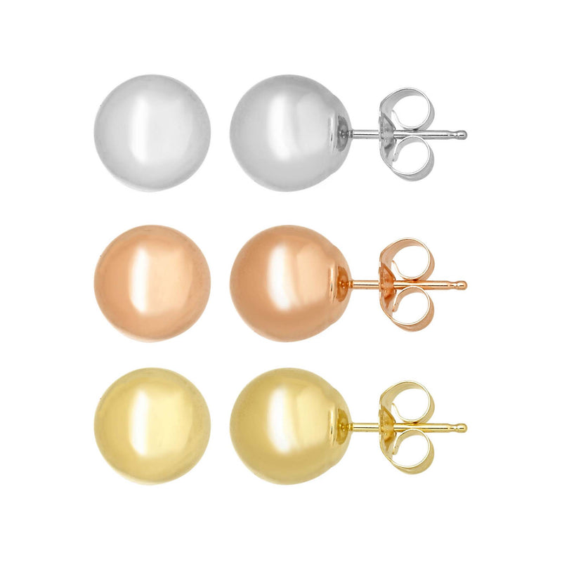 Italian Tricolor Plain Ball Stud Earrings Real 14K Yellow Gold