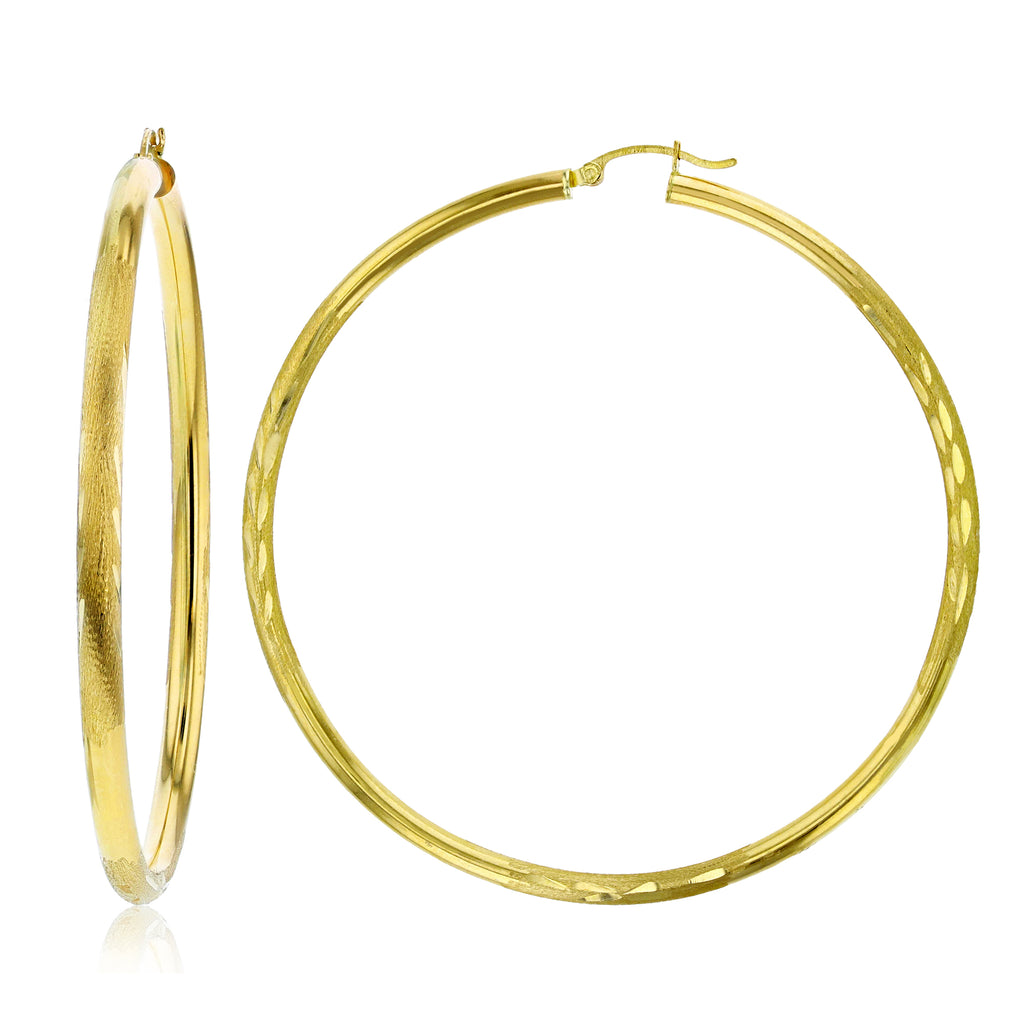 4mm X 70mm 3" Large Diamond Cut Thick Hoop Earrings REAL Solid 14K Yellow Gold - besenn