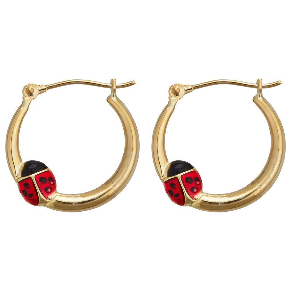 Enamel Ladybug Polished Shiny Hoop Earrings Real 14K Yellow Gold Super Light - besenn