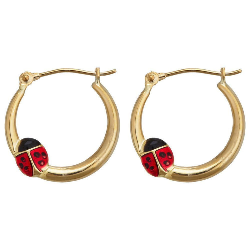 Enamel Ladybug Polished Shiny Hoop Earrings Real 14K Yellow Gold Super Light - besenn