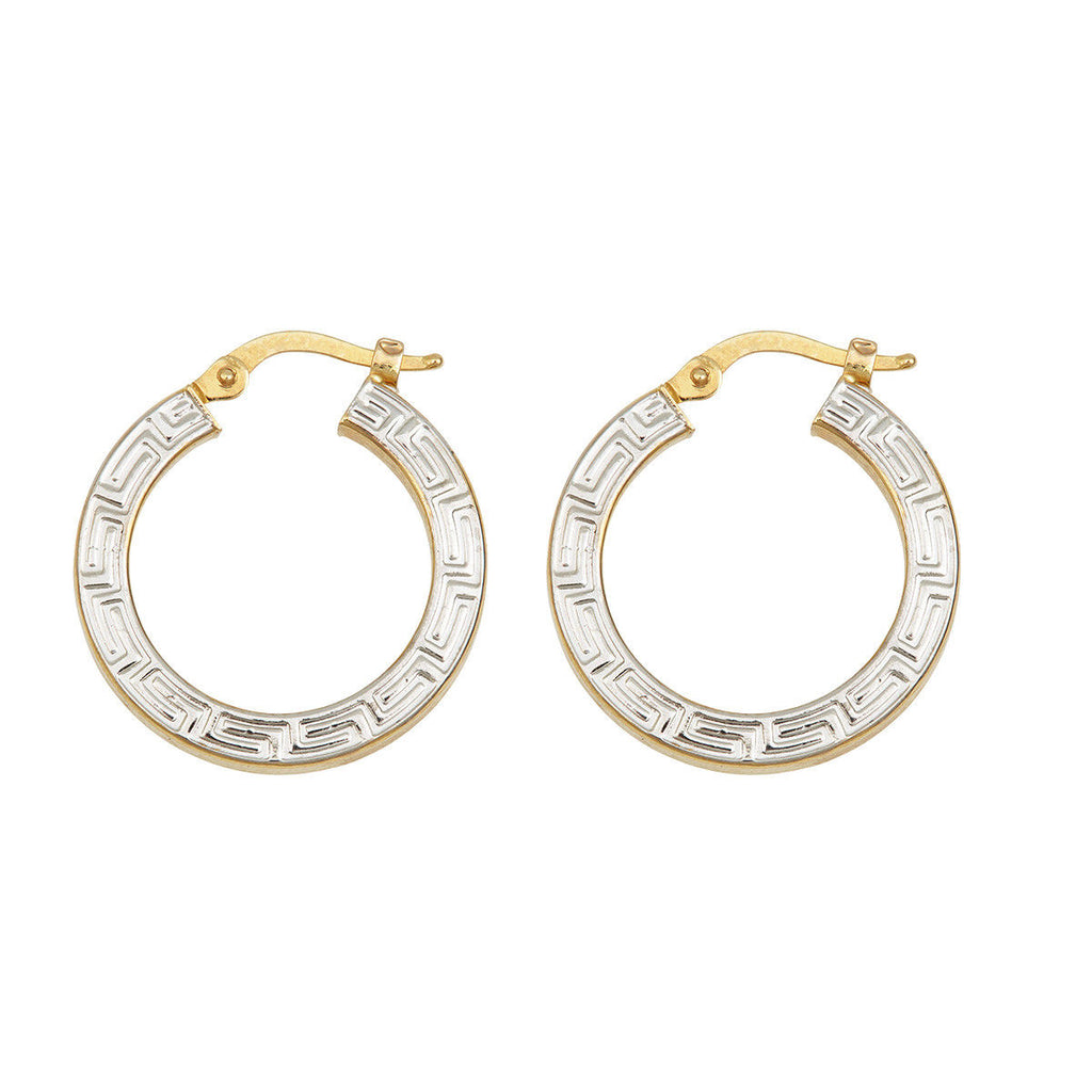 1" Greek Key Design Textured Hoop Earrings Real 14K Yellow White Gold Two Tone - besenn