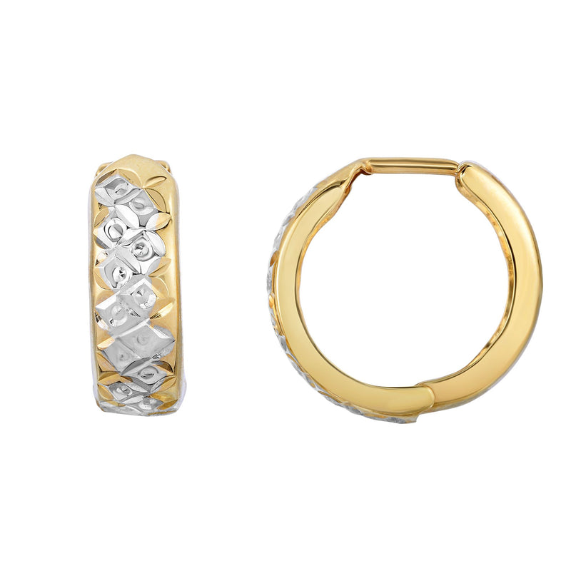 Two-Tone Diamond Cut Huggie Hoop Earrings Real 10K Yellow Gold - besenn