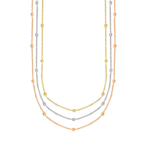 Tricolor Three Row Layer Diamond Cut Bead Ball Necklace Real 10K Gold - besenn