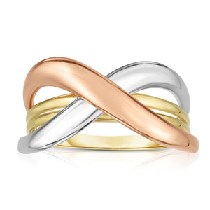 Wavy Sideways Tricolor Ring Real 14K Gold - besenn