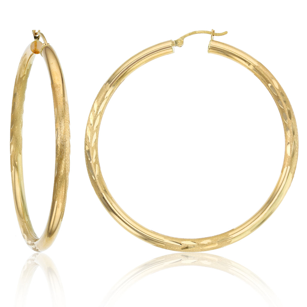 4mm X 60mm 2 3/8" Large Diamond Cut Thick Hoop Earrings REAL 14K Yellow Gold - besenn