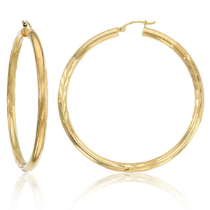 4mm X 60mm 2 3/8" Large Diamond Cut Thick Hoop Earrings REAL 14K Yellow Gold - besenn