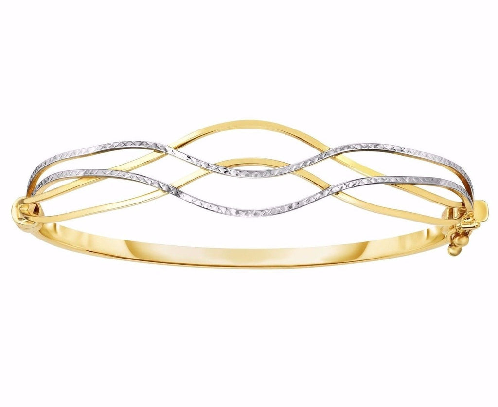 Two-Tone Wavy Textured Bangle Bracelet Real Solid 10K White Yellow Gold 7" - besenn