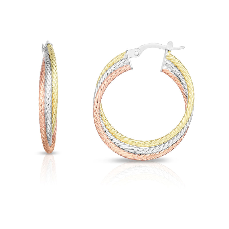 Tricolor Triple Row Diamond Cut Hoop Earrings Real 14K Gold