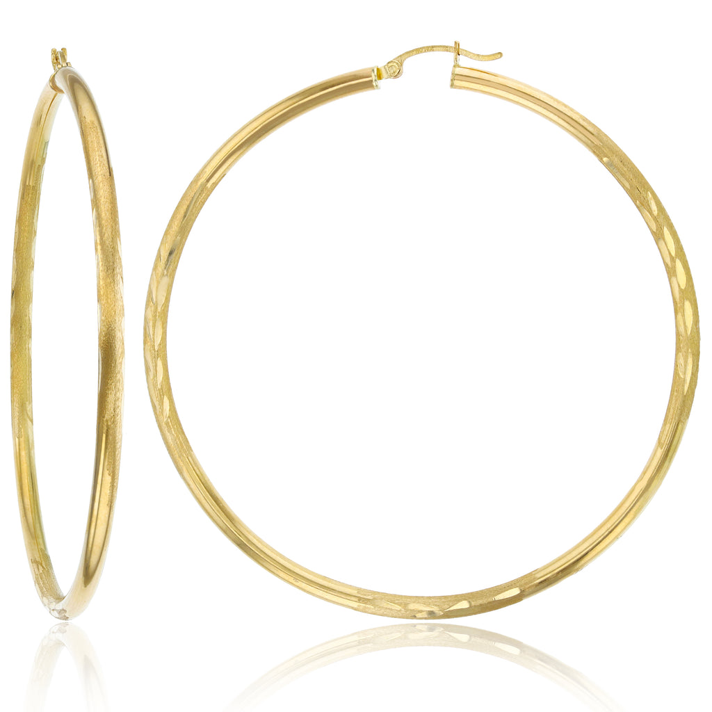 3mm X 70mm 2 3/4" Large Diamond Cut Round Hoop Earrings REAL 14K Yellow Gold - besenn