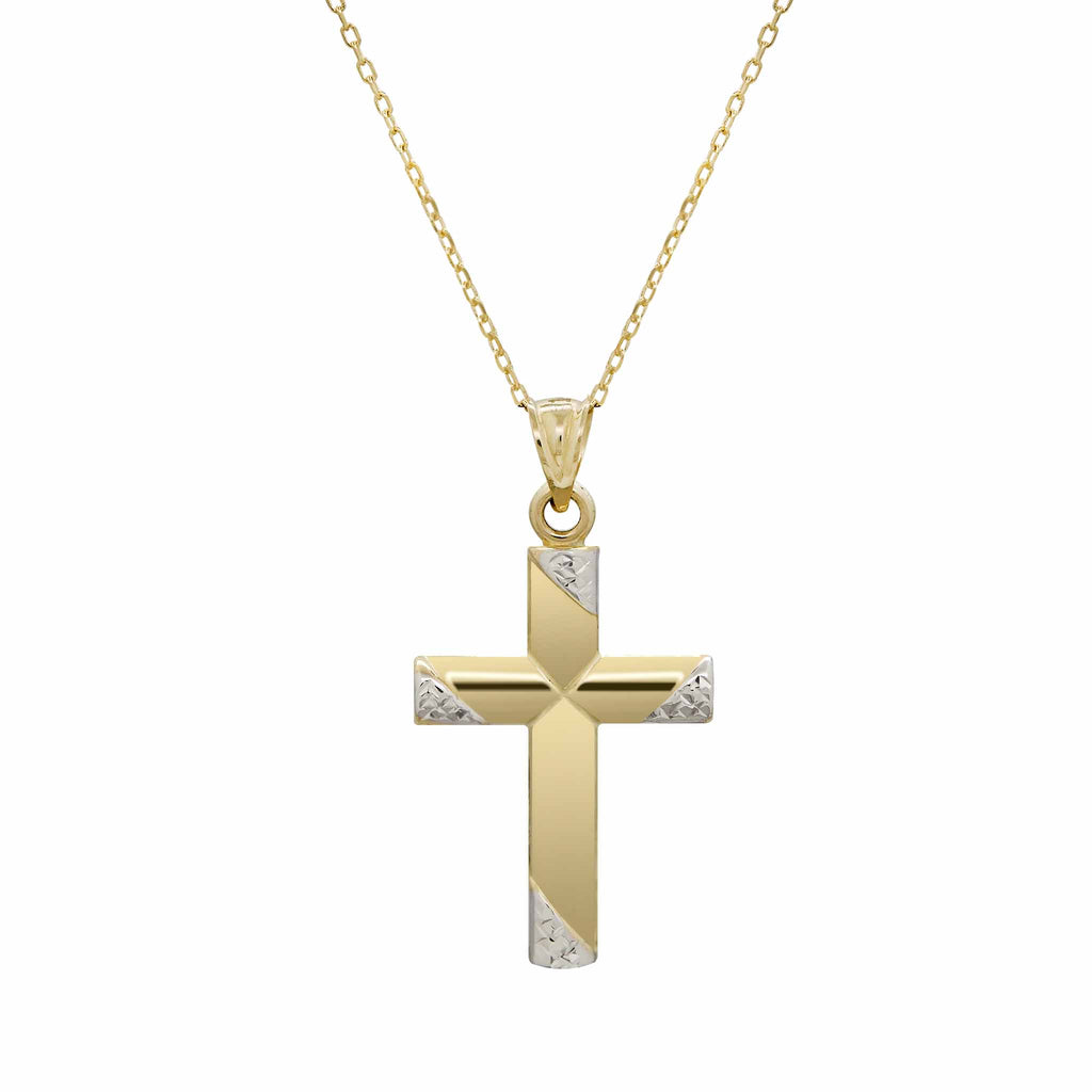 1 3/8" Diamond Cut Two-Tone Cross Necklace Real 14K Yellow Gold - besenn