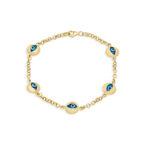 Multi Round Evil Eye Polished Blue Luck Charm Rolo Bracelet Real 14K Yellow Gold - besenn