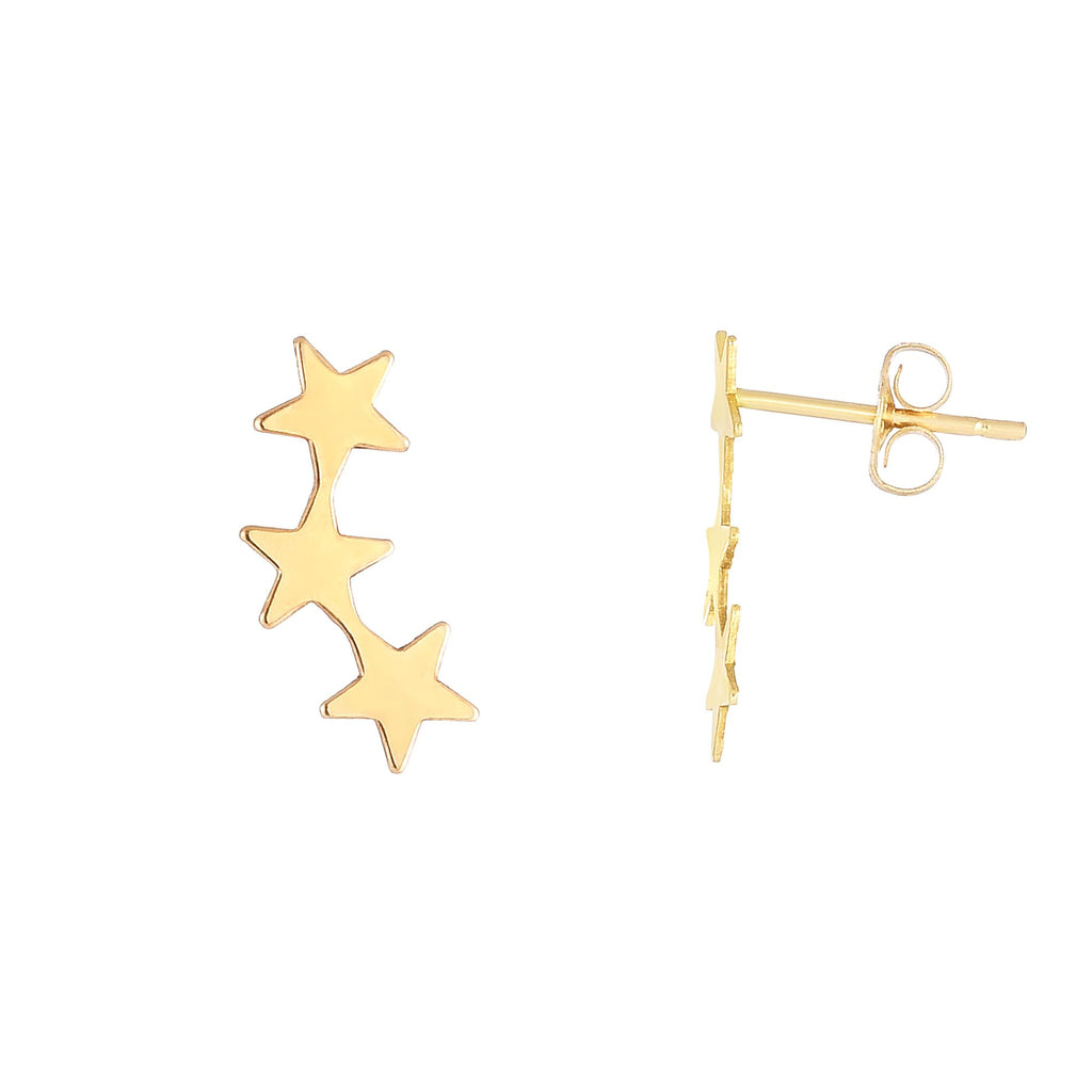 Three Star Stud Climber Earrings Real 14K Yellow Gold - besenn