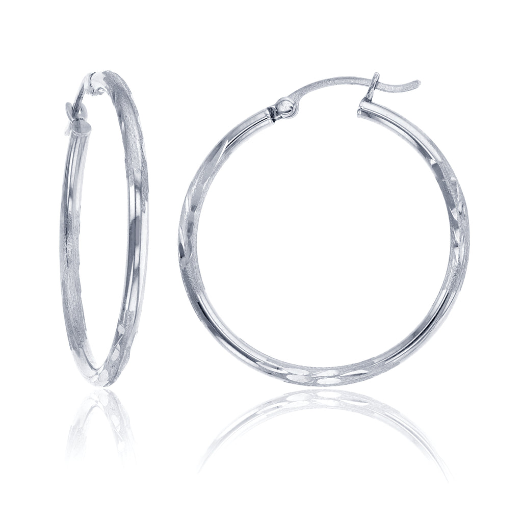 2mm X 30mm 1 1/4" Shiny Diamond Cut Round Hoop Earrings REAL 14K White Gold