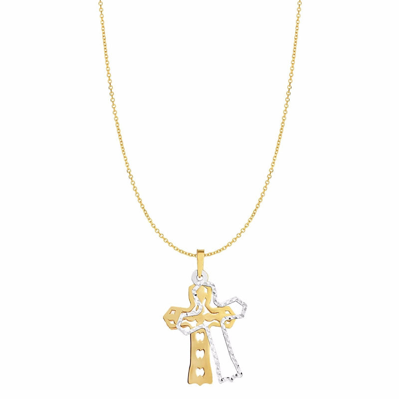 Filigree Cross Textured Reversible Pendant Necklace Real 14K Yellow White Gold - besenn