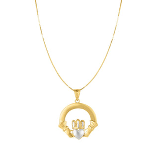 Shiny Two-Tone Claddagh Necklace Real 14K Yellow Gold - besenn