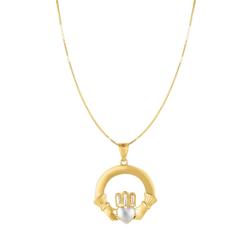 Shiny Two-Tone Claddagh Necklace Real 14K Yellow Gold - besenn