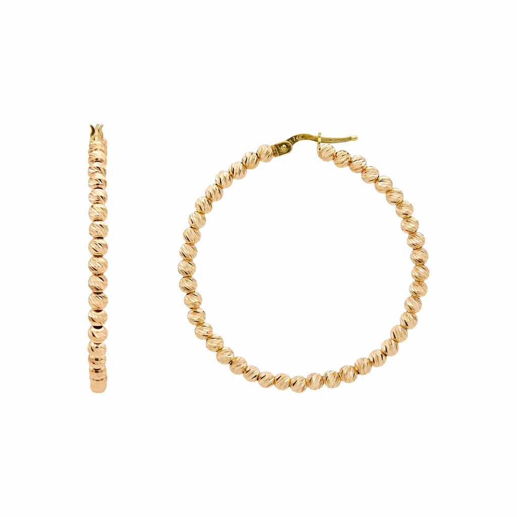 1 3/8" Italian Diamond Cut Bead Ball Hoop Earrings Real 14K Rose Gold - besenn