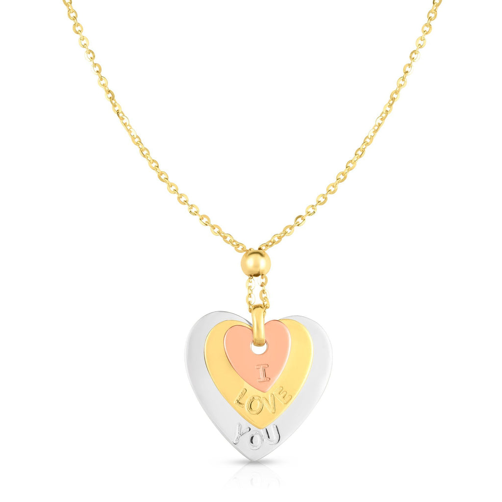 Tricolor "I LOVE YOU" Heart Necklace Real 14K Yellow Gold - besenn