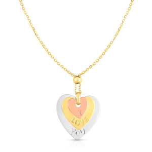 Tricolor "I LOVE YOU" Heart Necklace Real 14K Yellow Gold - besenn