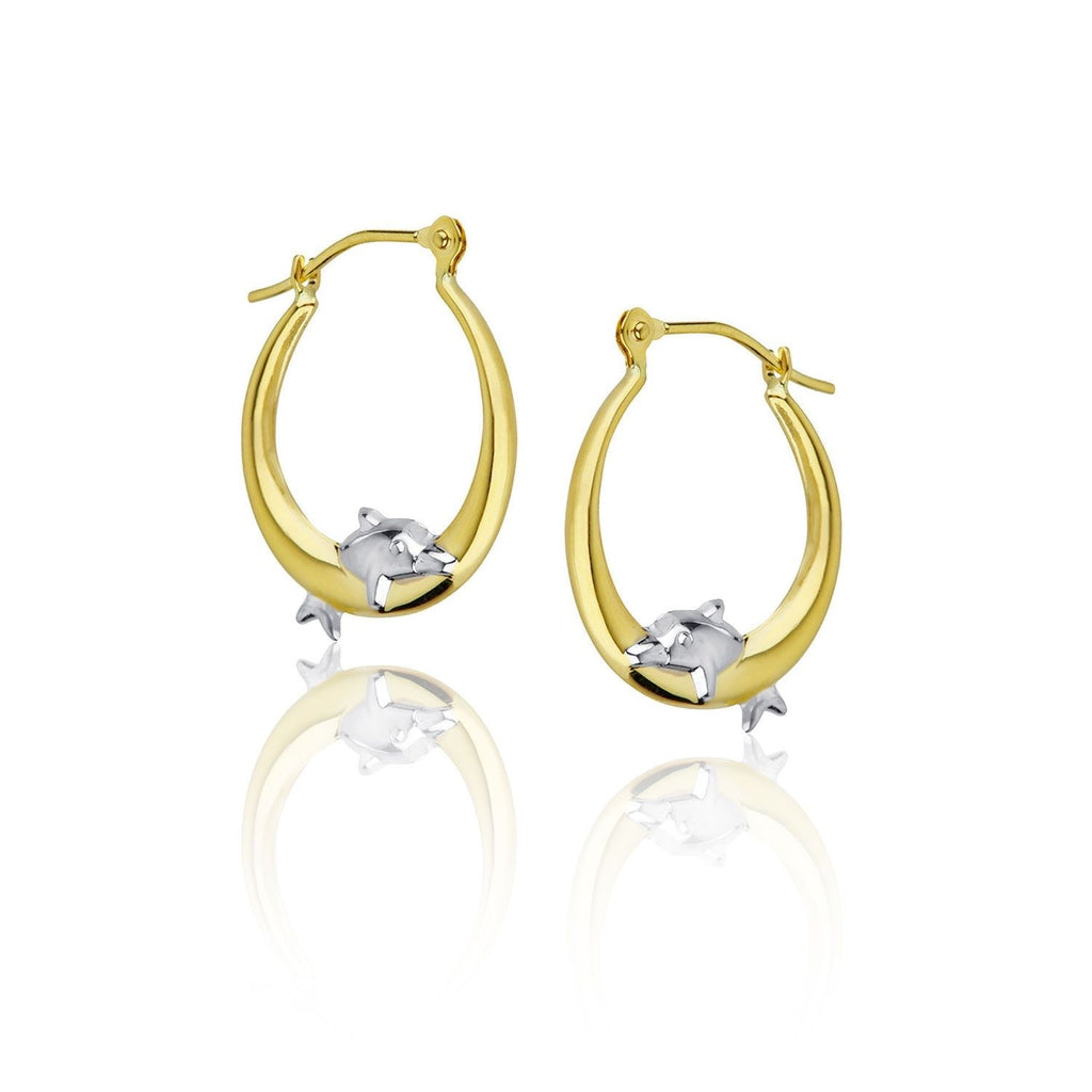 Polished Shiny Jumping Dolphin Round Hoop Earrings Real 14K Yellow & White Gold - besenn