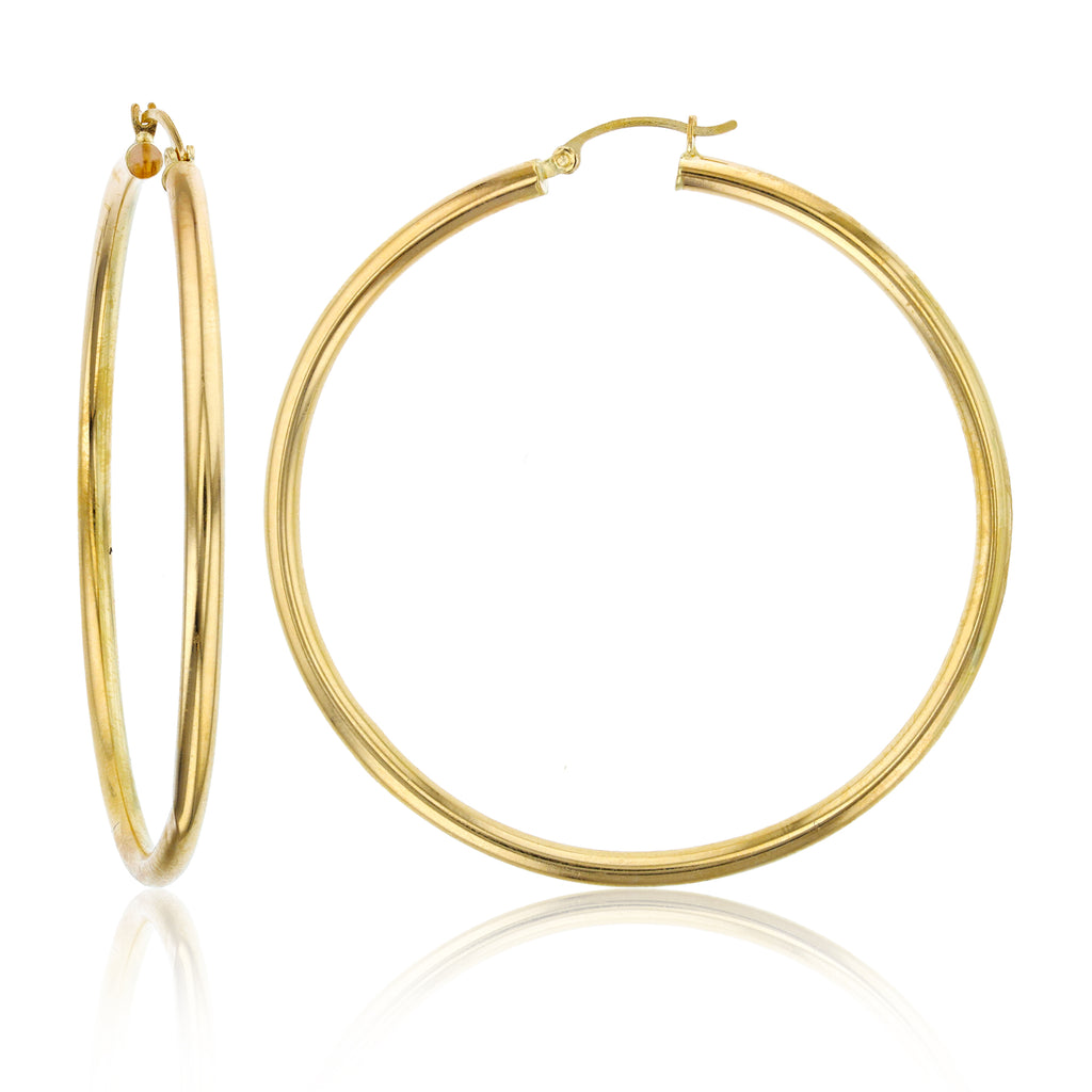 3mm X 60mm 2 3/8" Large Plain All Shiny Hoop Earrings REAL 14K Yellow Gold 4.8gr - besenn